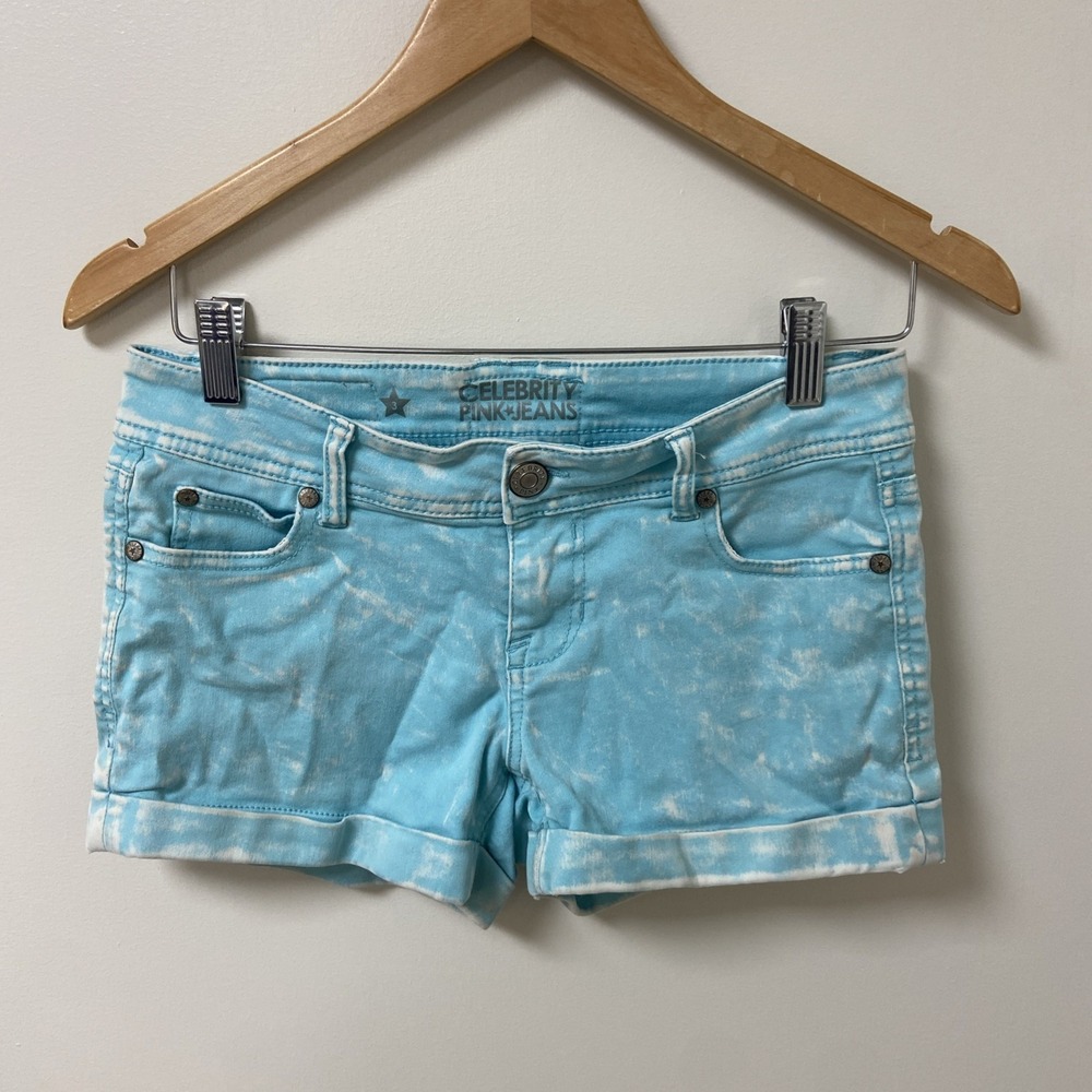 Celebrity Pink Juniors Denim Jean Shorts 3 Teal Blue Radiance Stretch Cuffed Low
